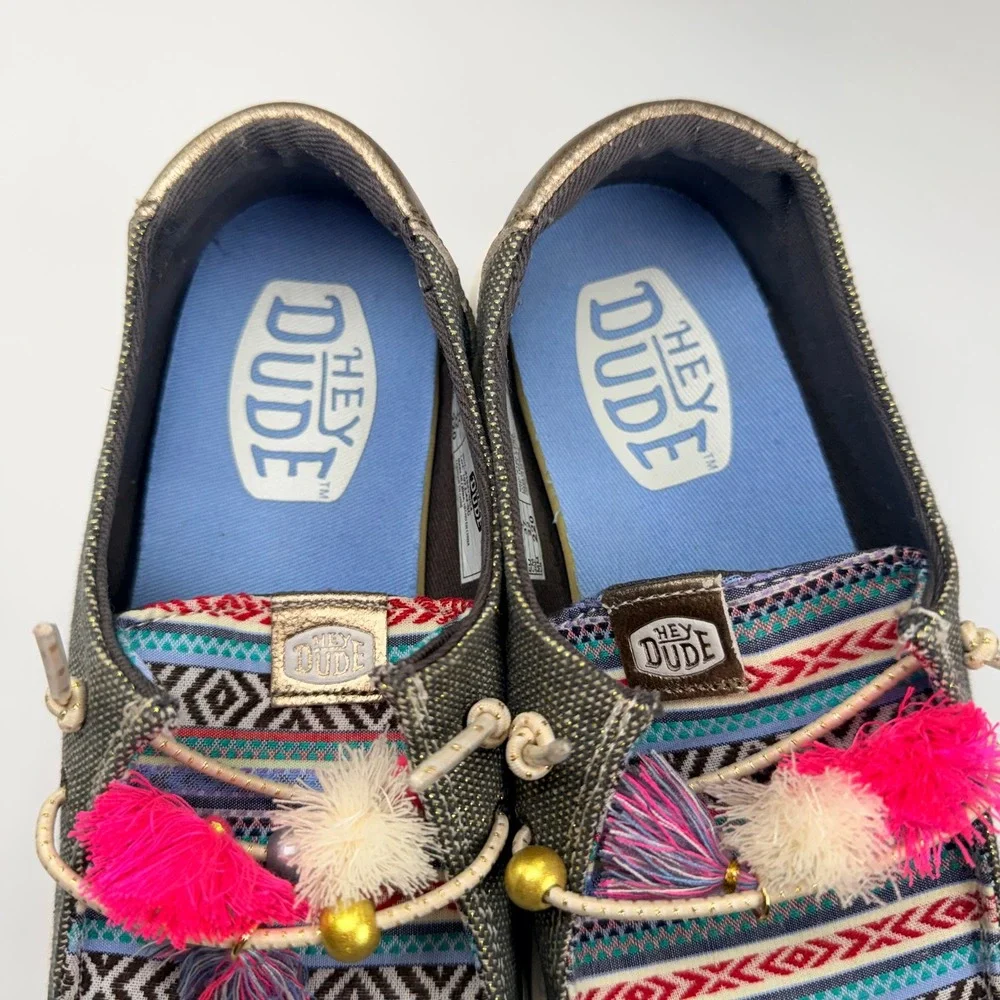 NEW Hey Dude Wendy Boho Festival Shoes Womens 6 Black Multi Tribal Print Tassel